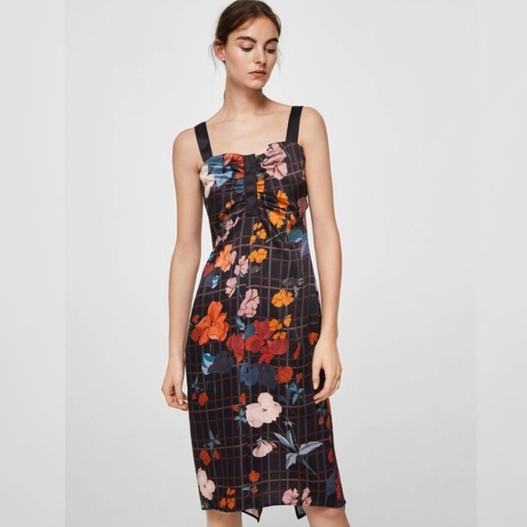 MANGO Suit Floral + Plaid Midi Dress - Size 4 - Picture 1 of 14